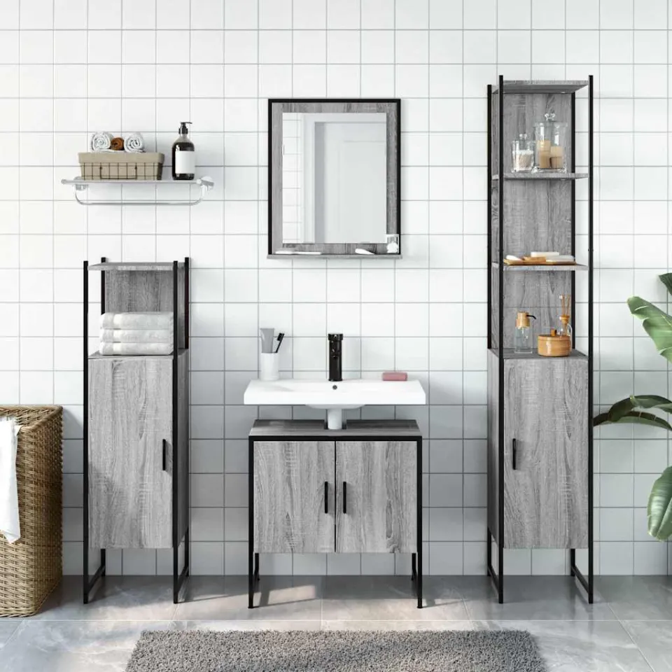 vidaXL 4-delige Badkamermeubelset bewerkt hout grijs sonoma eikenkleur, foto 2
