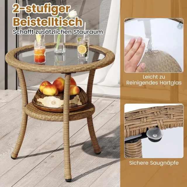 Laura 3-delige rotan tuin loungeset – 57 x 55,5 x 81 cm – balkonset met 2 stoelen en 2-laags glazen tafel – PE rotan bistroset met kussens – modern outdoor tuinmeubel – Laura Bruin