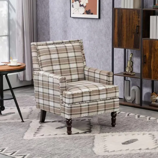 KOMHTOM S001, gestoffeerde bijzetstoel, vintage fauteuil met bruine linnen bekleding en decoratieve versiering voor de woonkamer Bruin + wit