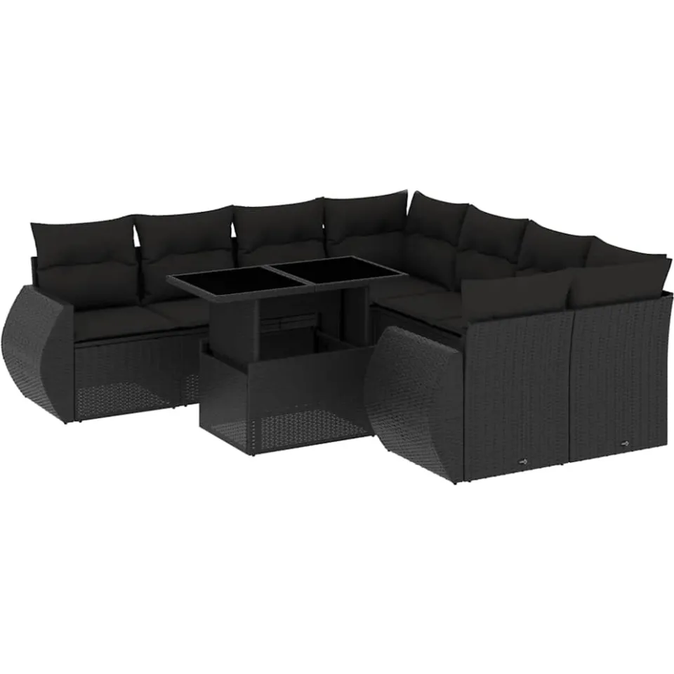 vidaXL 9-delige Loungeset met kussens poly rattan zwart, foto 3