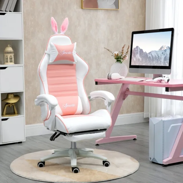 MODFU Bureaustoel - Hazenoren En Verstelbare Rugleuning - Raceontwerp - Kunstleer - Roze - 65 x 63 x 136-142 cm