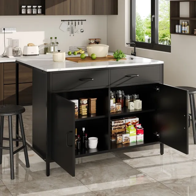 Merax Hoge Tafel - Zwarte Moderne Bartafel met Marmer Print Werkblad & Verstelbare Voeten - Voor Woonkamer of Eetkamer als Koffiebar