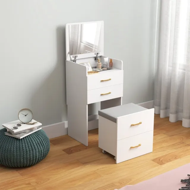 Wishdor Kaptafel En Nachtkastje 3-In-1 - Met Spiegel En Rollende Kruk - Modern - Hout - Wit - 48 X 40 X 90 Cm