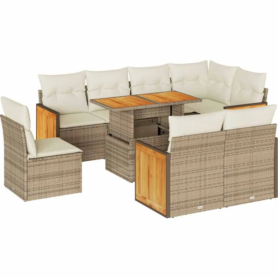 vidaXL 9-delige Loungeset met kussens poly rattan acacia beige, foto 3
