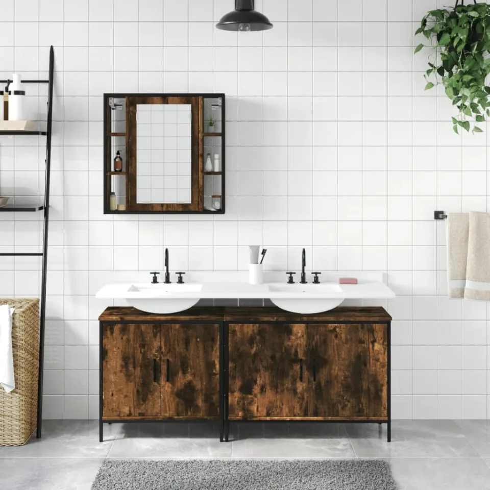 vidaXL 3-delige Badkamermeubelset bewerkt hout gerookt eikenkleurig, foto 2