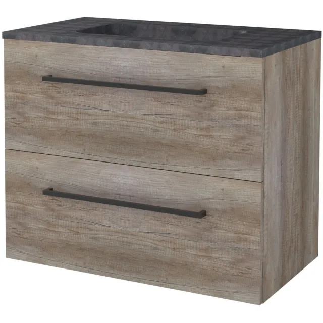 Boss & Wessing Badmeubelset BWS Salt 80x46cm Met Grepen 2 Lades Met Wastafel Hardsteen 1 Kraangat Scotch Oak Bruin