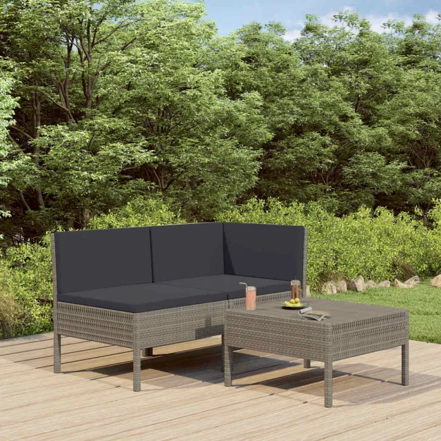 vidaXL 3-delige Loungeset met kussens poly rattan grijs, foto 2