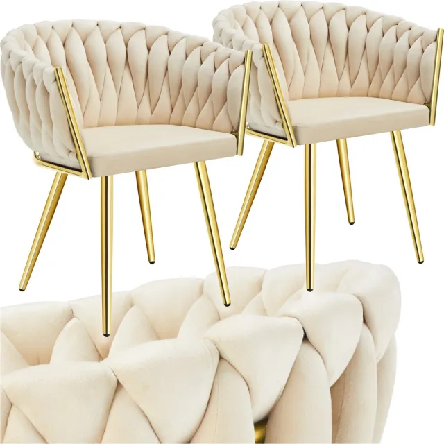 Tectake Set van 2 Fluwelen eetkamerstoelen - Kuipstoel met armleuning in knooplook - Eetkamerstoel - Moderne eetkamerstoel voor woonkamer en eetkamer - Keukenstoel - Kaptafelstoel - Slaapkamerstoel - Diverse kleuren - Zandkleurig/Goud