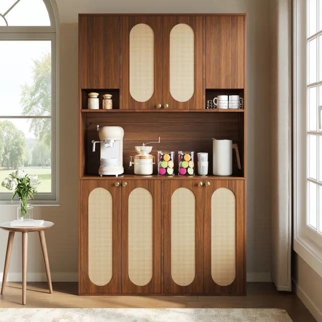 VVBV Dressoir – Buffetkast met LED – Natuurlijk Hout – Rattan Front – Voor Woonkamer, Eetkamer en Hal – met Opbergruimte – Sideboard Naturel