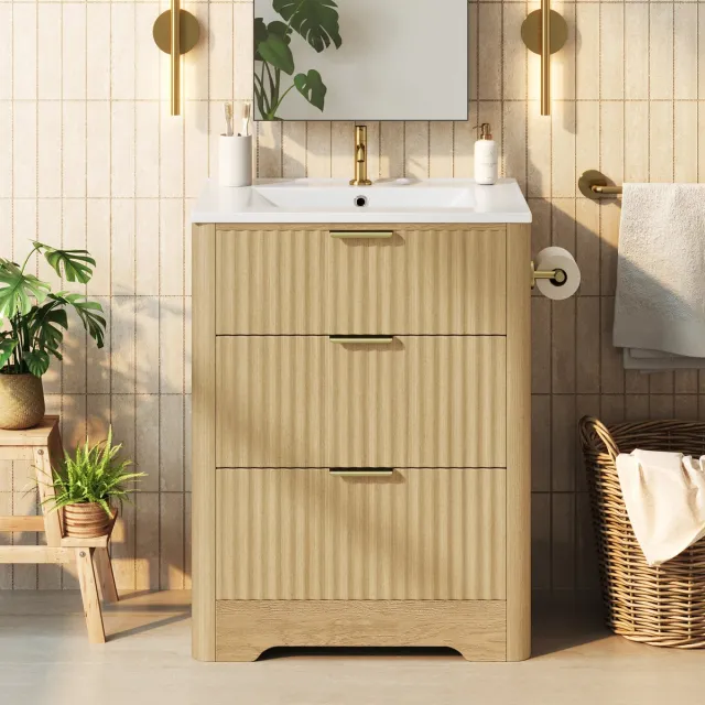 MIVRAY Badkamerkast - Vrijstaande Wastafelkast Met Keramische Wasbak En 2 Lades - Voor Kleine Badkamer Of Gastenwc - MDF Naturel - 61x47x82 Cm Natural Wood
