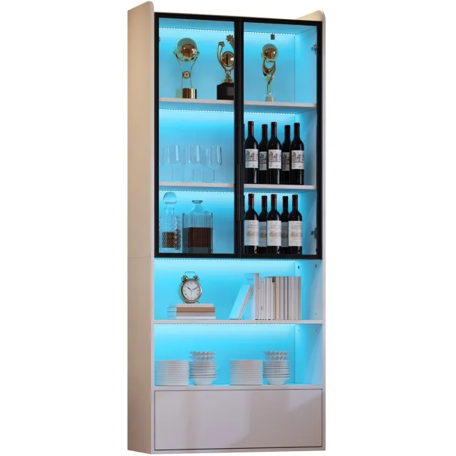 COVREO Vitrinekast 80 x 34 x 180 cm – wit MDF met glasdeuren, 1 lade en LED-verlichting