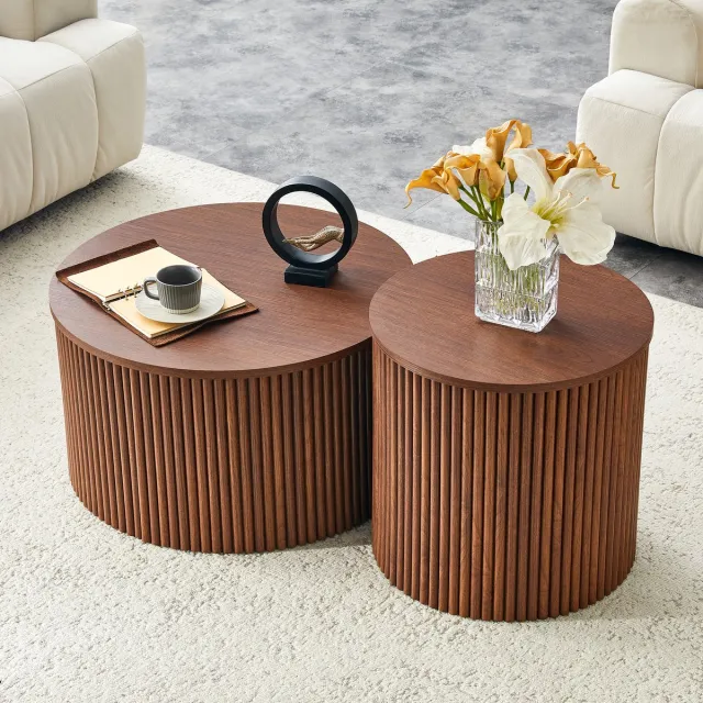 Lemlit Set van 2 ronde salontafels - bijzettafels met verborgen opbergruimte - walnootlook - geribbeld design