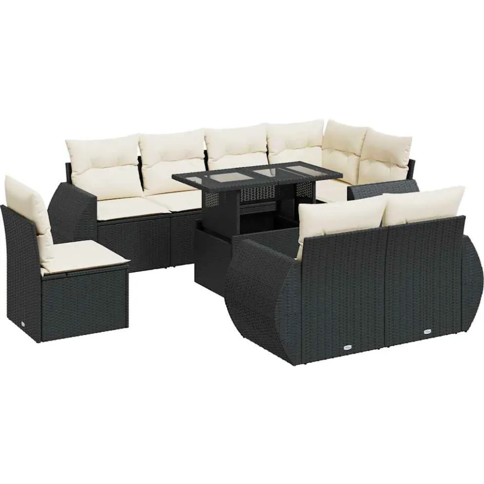 vidaXL 9-delige Loungeset met kussens poly rattan zwart, foto 3