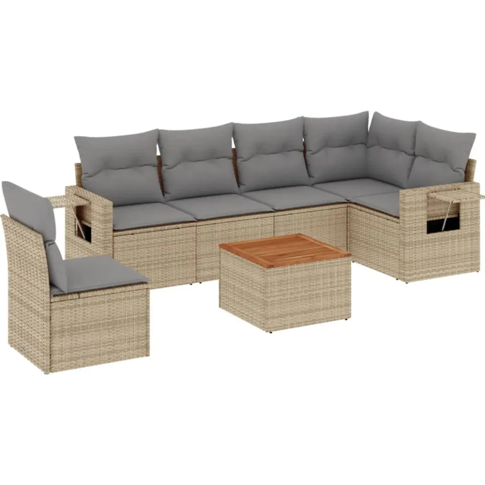 vidaXL 7-delige Loungeset met kussens poly rattan gemengd beige, foto 3