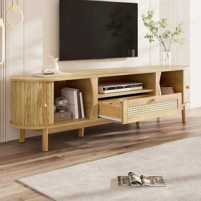OKWISH Tv-Meubel – Met Schuifdeur En Rattan Lades – Voor Woonkamer Opbergruimte – MDF Naturel – 165×37×46 Cm Natuurlijk