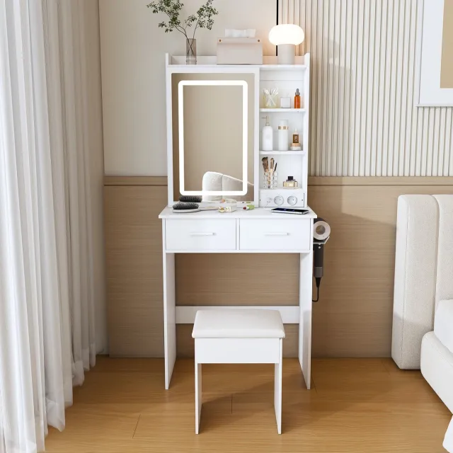 OKWISH Kaptafel - Met Spiegel En Dimbare Ledverlichting - Met Usb En Stopcontact - Met Gewatteerde Kruk - Mdf Wit - 60×36×136 Cm