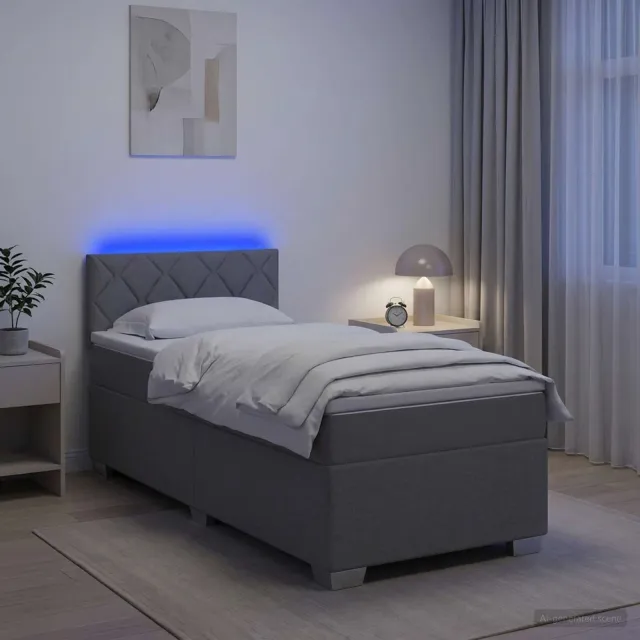 vidaXL Boxspring Bed met Matras en LED Lichtgrijs Enkel Stof