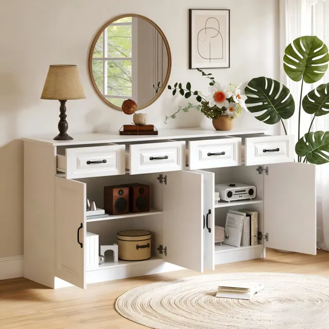 FloraGrace Dressoir - Opbergkast Met 4 Laden En 4 Deuren - Veelzijdig Voor Woonkamer Keuken En Slaapkamer - MDF - 160x35x80 Cm - Wit