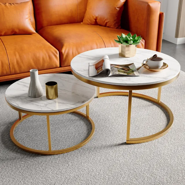 ROSAHQNDA Ronde salontafel set van 2, koffietafel en bijzettafel met metalen frame en MDF blad, moderne woonkamer tafel wit met gouden poten Wit en goud