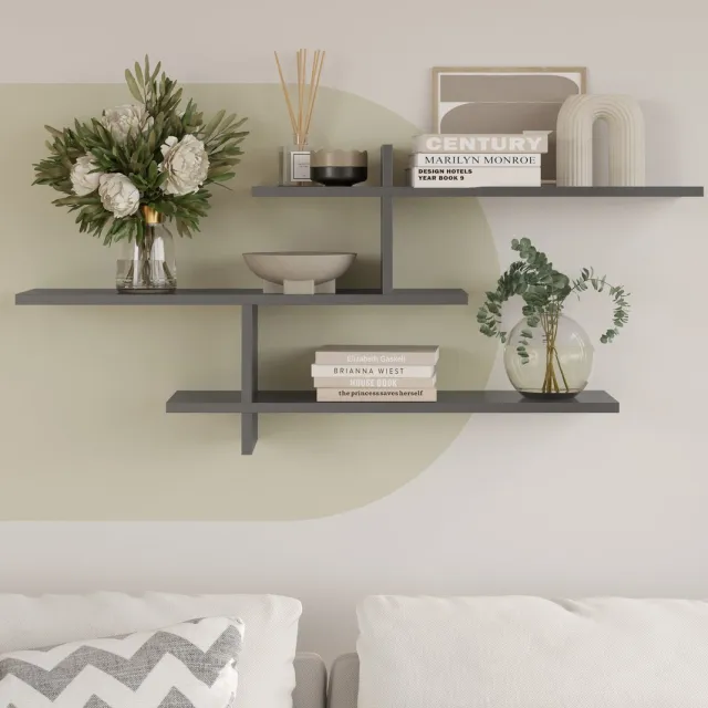 LUNOR Genoa – Wandrek – Antraciet – 123×55×22 cm – Wandplank – Boekenplank & Organizer – Met 3 Niveaus