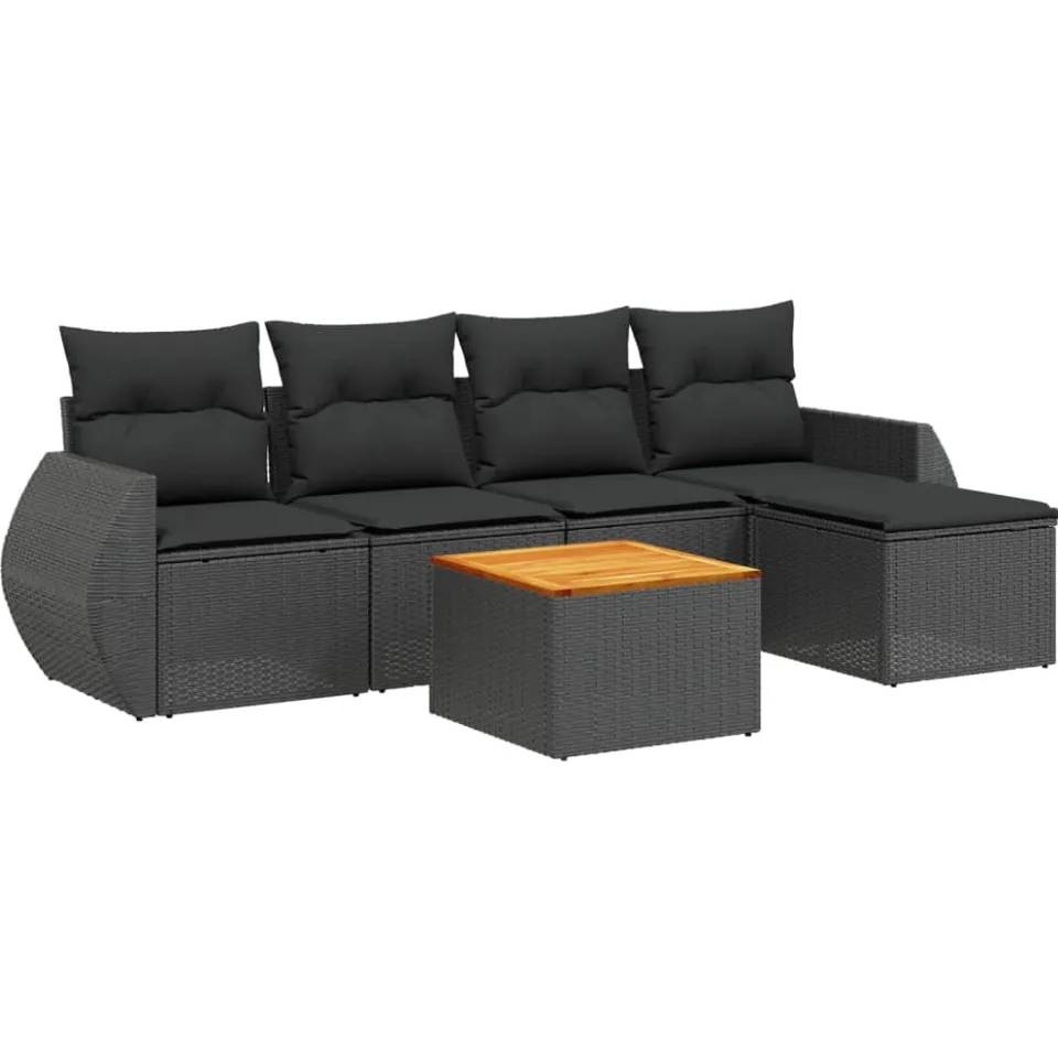 vidaXL 6-delige Loungeset met kussens poly rattan zwart, foto 3