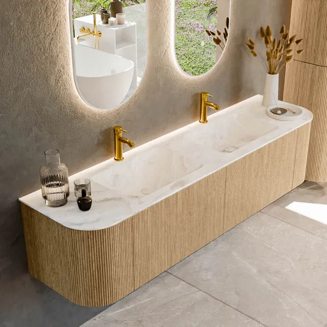 Mondiaz KURVE-DLUX 180 cm Onderkast Greeploos 2 Lades Met Deuren Oak, Wastafel Solid Surface Dubbel Frappe 2 Kraangaten Zonder Spiegel (KRVLEA180L+R2L2D2KD-Oak/Fra)