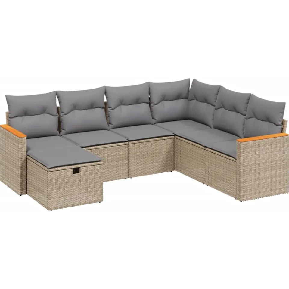 vidaXL 7-delige Loungeset met kussens poly rattan gemengd beige, foto 3