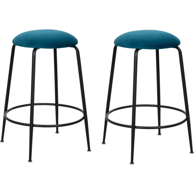 HTfurniture blauwgroene Barkrukjes set van 2 - Fluweel barkruk - ijzere poeten zwart - Modern
