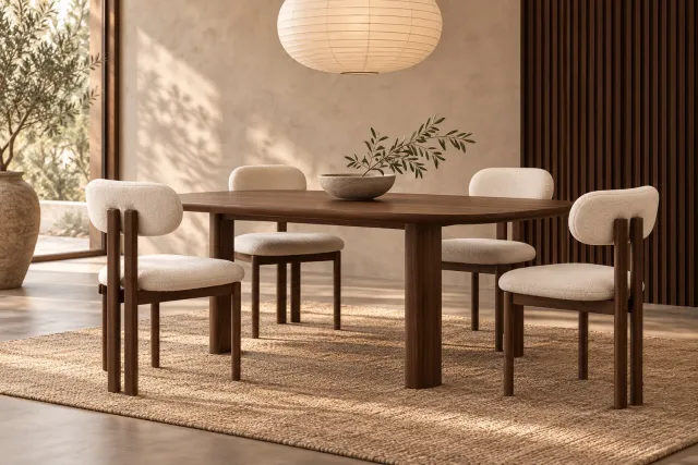 BonBonVibes Japandi Eetkamerstoel Miyo Beige – Bouclé Eetstoel met Walnootlook Frame – Japanse Stijl Stoel met Zachte Bekleding voor Eetkamer, Woonkamer & Eettafel wit bruin
