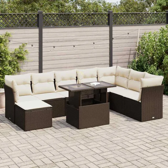 vidaXL 9-delige Loungeset met kussens poly rattan bruin, foto 2