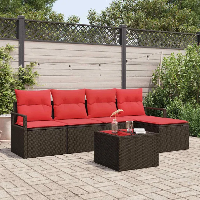 vidaXL Bankstel 6 st Bruin en Rood poly rattan