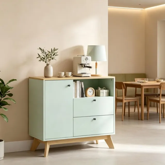 COVREO Buffetkast 80 x 35 x 76,3 cm lichtgroen, MDF, met 2 lades en open vak