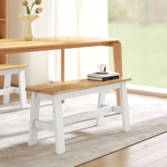 COVREO Eetbank 95 x 30 x 45 cm, eikenlook en wit, rubberhout met dwarsstang Eikenhoutkleur