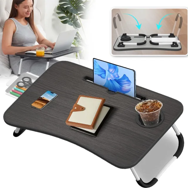 CHOOLY Opklapbare Tafel Met Telefoonhouder Klein Laatje En Bekerhouder - Stevig Metaal En Hout 60x40cm Opvouwbaar - Voor Bed, Bank, Vloer En Fauteuil - Zwart-Wit