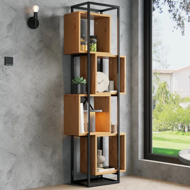Clruro Boekenkast - 59x30x180 cm - Open Rek met 4 Vakken en Stapeldesign - MDF en Metaal - Bruin Zwart