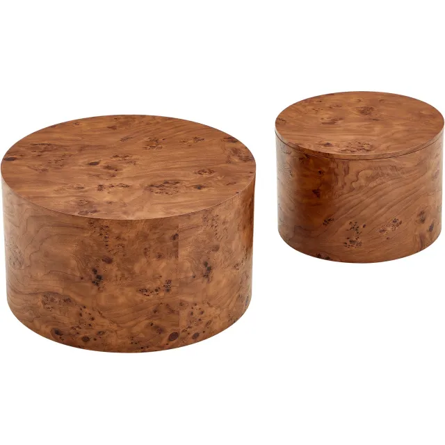 MUVANO Set van twee ronde salontafels met opbergruimte - Bijzettafels - MDF houtlook - Afneembaar deksel - Ø 62,8 en 44 cm - Woonkamer bruin