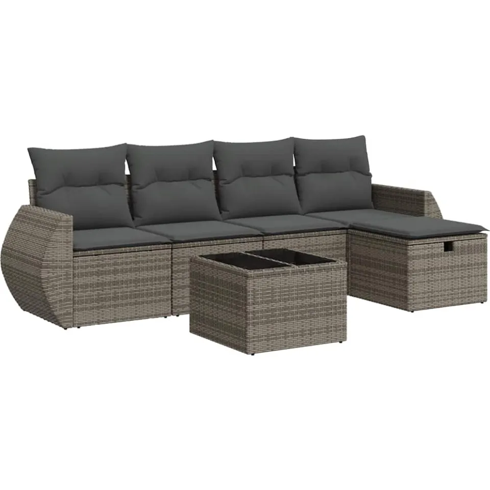 vidaXL 6-delige Loungeset met kussens poly rattan grijs, foto 3
