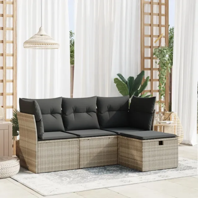 vidaXL 4-delige Loungeset met kussens poly rattan lichtgrijs grijs, foto 2
