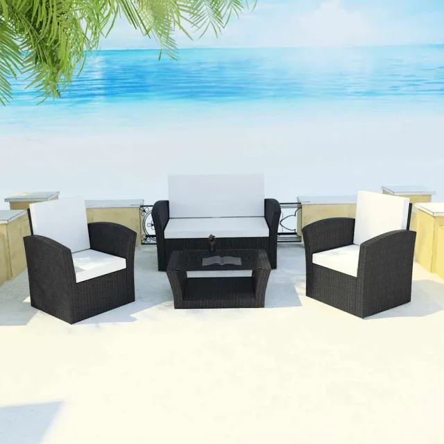 vidaXL 4-delige Loungeset met kussens poly rattan zwart, foto 2