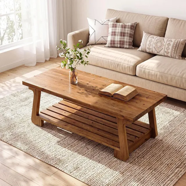 Tribesigns massief hout Salontafel - 140 x 60 x 45 cm - Salontafel met Opbergplank - Bruin - Tafel voor Woonkamer, Thuiskantoor