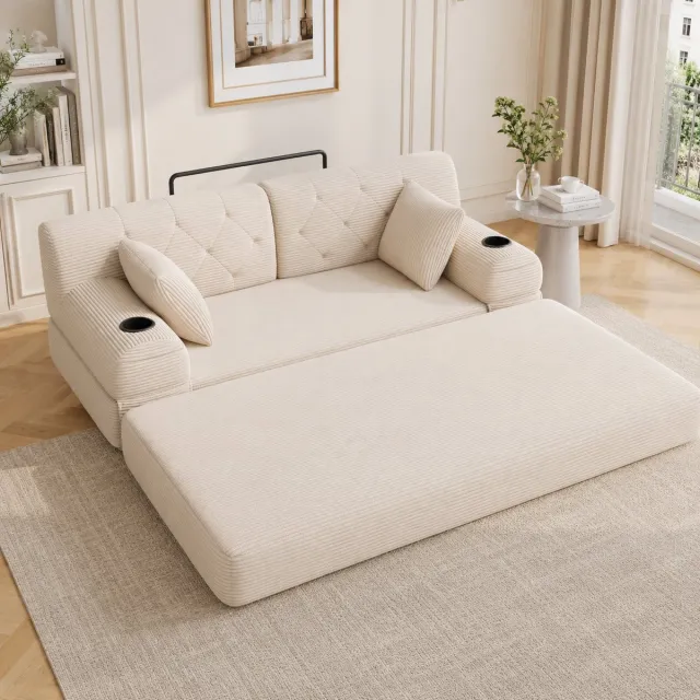 HAUSS SPOLE Slaapbank - 2-Zits Bank Met Slaapfunctie - Hoge Rugleuning, 2 Bekerhouders En 4 Opbergvakken - Voor Woonkamer En Kleine Ruimtes - Cord Beige