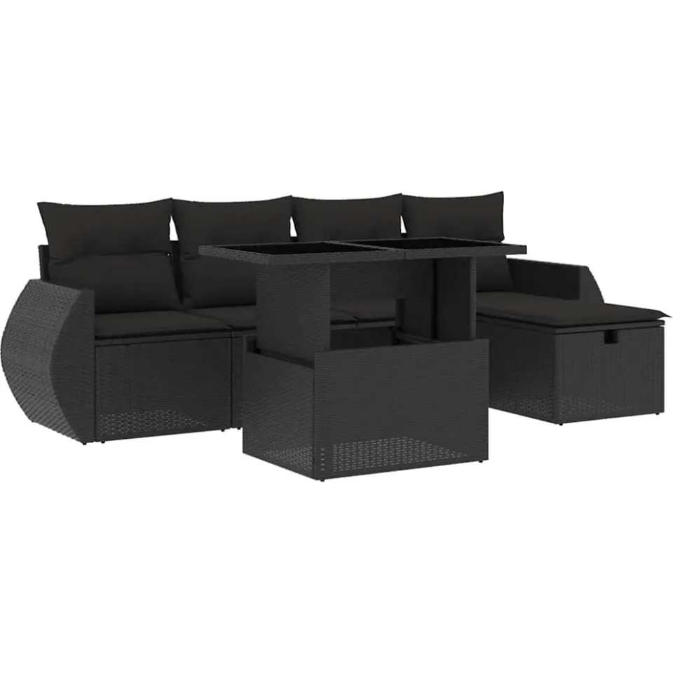 vidaXL 6-delige Loungeset met kussens poly rattan zwart, foto 3