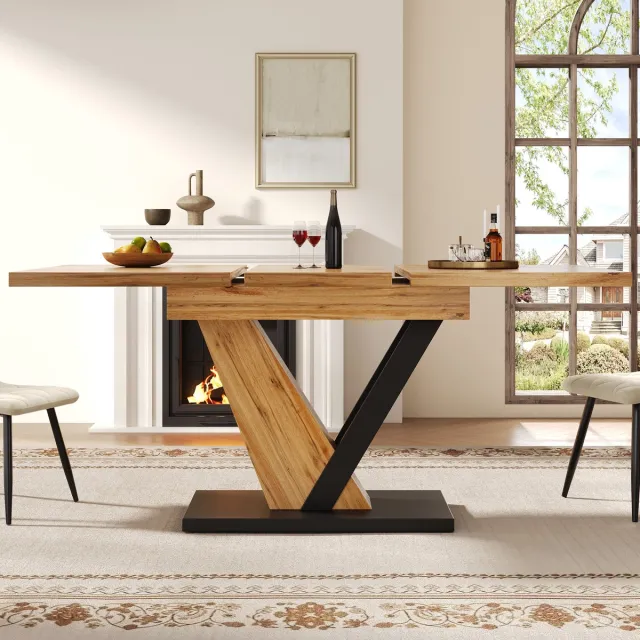 DESMIU Uitschuifbare Eettafel - Stevig Design Met Houtnerf En Metalen Onderstel - Voor Keuken En Woonkamer - MDF En Metaal - 120x75x75,5 Cm - Houtkleur Natuurlijk