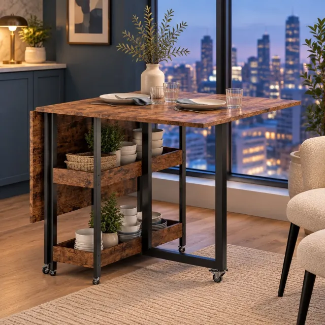 CHICFURN Eettafel - 2-4 personen - Opklapbaar - 2 open vakken - Bruin