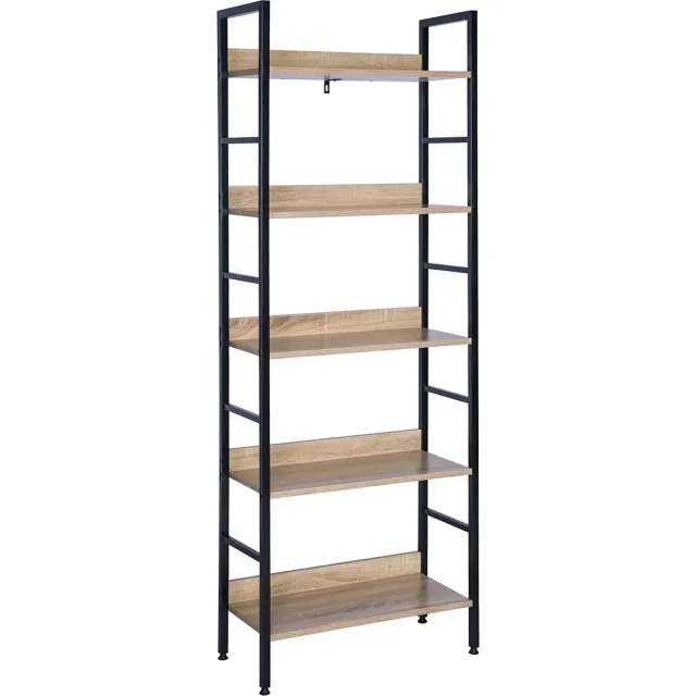 Furnibella RGB9303she Metalen plank 5 Tier 60x27,5x160cm,opbergplank keuken boekenkast Stijl Industriële,Zwart+Lichteiken