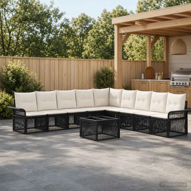 vidaXL Tuinbankenset 10 st 11-zits Zwart poly rattan, foto 2