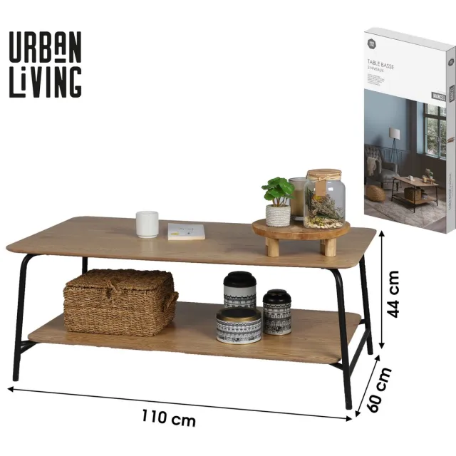 Urban Living SALONTAFEL MET 2 NIVEAUS MET ZWARTE METALEN STRUCTUUR 110X60XH44CM brown