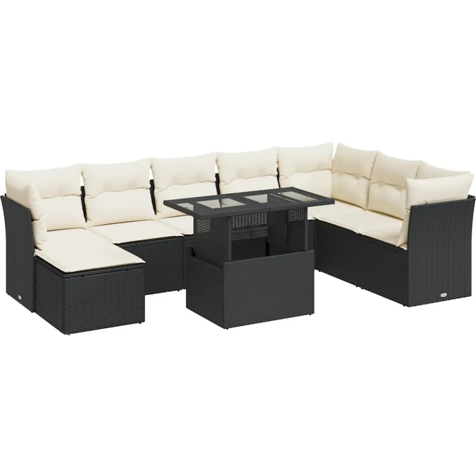 vidaXL 9-delige Loungeset met kussens poly rattan zwart, foto 3
