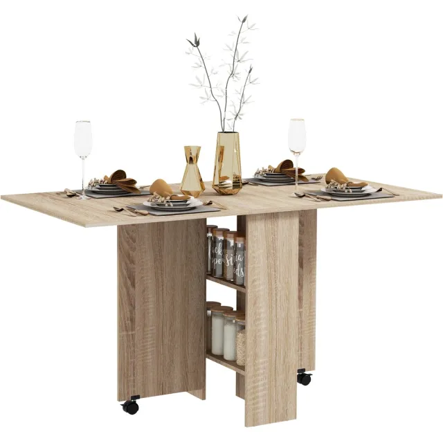 Roossentials opklapbare eettafel - Opklapbare tafel op wielen - Opklapbare bijzettafel - Opklapbare keukentafel - Met wielen - Natural wood