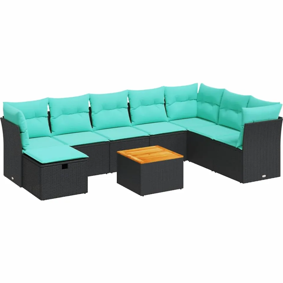vidaXL 9-delige Loungeset met kussens poly rattan zwart, foto 3